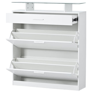 [VIDEO provided] ON-TREND Slim Entryway Organizer with 2 Flip Drawers, Tempered Glass Top Shoe Storage Cabinet with Drawer, Free Standing Tipping Bucket Shoe Rack with LED Light for Hallway, White