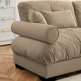 Camel Velvet Modern 2-Seater Sofa with Ottoman &amp; Cloud-Like Bolster Arms
