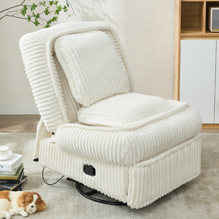 [NEW ARRIVAL] 360° Swivel Rocking Recliner Chair – Manual Glider Armless Single Sofa with Adjustable Backrest, Footrest & Pillows, Corduroy Upholstery for Living Room or Small Spaces, Beige