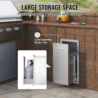 Pull-Out Trash Drawer – 13.4" W x 26" H x 19.6" D Stainless Steel Roll-Out Trash Bin with Sliding Rails & Handle for Outdoor Kitchen BBQ Island