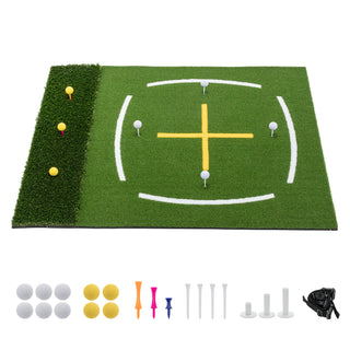 5'x4' Golf Hitting Mat with Cross Stance Guide, Indoor Outdoor Golf Practice Mat with 7 Tee Positions, Heavy Duty Swing Turf for Backyard Garage Training – Includes Balls, Tees & Strap