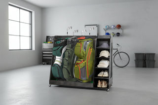 Gray Wooden Golf Bag Storage Rack | 3-Drawer "High-Velocity" Organizer Chassis | [TOTAL-CLUB EXTRACTION-WELD] | Industrial-Grade Equipment-Logic &amp; Rapid-Swell Storage Technology