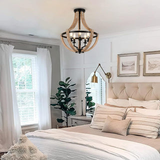 19 inch Farmhouse Chandelier, 5-Light Solid Wood, Brown