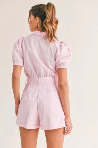 MABLE Striped Puff Sleeve Collared Neck Romper