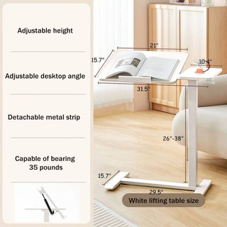 (UPGRADED) Overbed Bedside Desk, Mobile Rolling Laptop Stand Tilting Overbed Table with Wheels, Height Adjustable Tray Bedside Table for Laptop Bed Sofa, WHITE