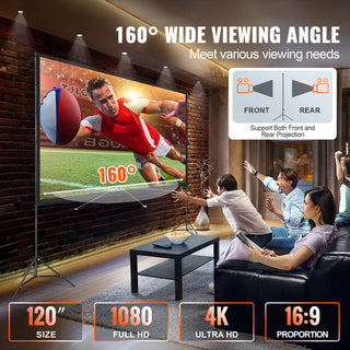 Projector Screen with Stand 120 Inch | 16:9 4K 1080P HD Outdoor Movie Screen with Tripods & Carry Bag | Wrinkle-Free Projection Screen for Home Theater & Backyard Movie Night