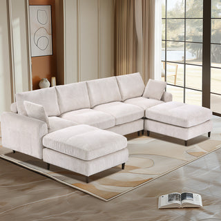 Modern corduroy modular section sofa, U-shaped convertible L-shaped sofa set with pillow, oversized sectional sofa with footstool, suitable for living room, attic, apartment, office - white 6 seat
