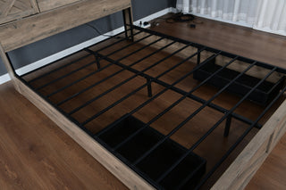 Farmhouse Queen Bed Frame with LED Lights & Charging Station | Wooden Bed with 2 Storage Drawers & Rustic Headboard with Sliding Barn Door Storage Cabinets