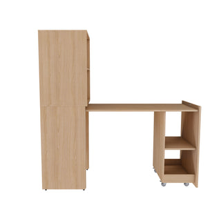 Burlywood Stretchable Office Desk with Storage Shelves and Mobile Wheels, Foldable Design for Small Apartments and Offices, MDF Material, Natural Wood Finish