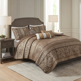 6-Piece Brown and Gold Jacquard Quilt Set | King/Cal King Luxury Bedding
