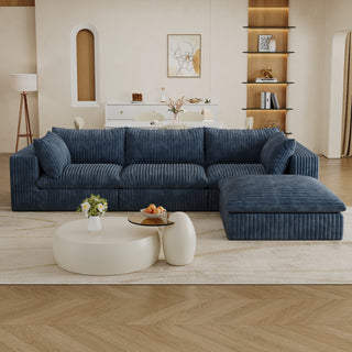 Blue sectional sofa in a living room with a coffee table and decorative items.