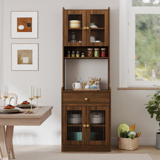 Kitchen Pantry Hutch Storage Cabinet with Microwave Stand, Walnut