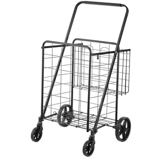 Folding Shopping Cart, Jumbo Grocery Cart with Double Baskets, 360° Swivel Wheels, Heavy Duty Utility Cart, 110 LBS Large Capacity Utility Cart for Laundry, Shopping, Grocery, Luggage
