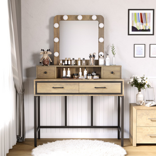 Vanity Desk with Mirror and Lights, Makeup Vanity Desk with 3 Color Dimmable Lighted Hollywood Mirror, Brown Makeup Table with 4 Drawers, Large Dressing Table for Women Girls, Brown