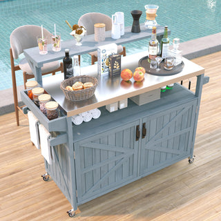 K&K 53.3' Outdoor Kitchen Island with Raised Shelf, Solid Wood Storage Cabinet with Stainless Steel Top, Outdoor Rolling Grill Cart with Internal Storage Rack, Adjustable Shelf, Spice Rack, Grey Blue