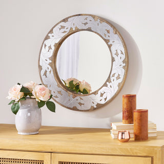 Mango Wood & Aluminium Fitted Round Mirror – Stylish Wall Mirror for Home Decor