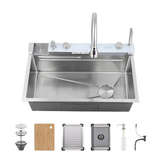 Pull-out Faucet Single Bowl Kitchen Sink | 304 Stainless Steel Waterfall Sink, Dark Gray