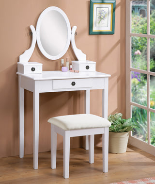 Moniys Wood Moniya Makeup Vanity Table and Stool Set in White - Contemporary 3-Drawer Dressing Table with Adjustable Mirror