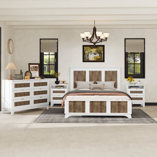 4-Pieces Bedroom Sets, Queen Size Farmhouse Platform Bed with Wooden Strip Stickers Decoration, Storage Nightstand and Dresser with Metal Handle, White(Old SKU: HL000191AAK)
