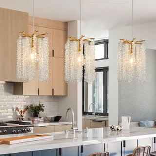 Luxury 3-Pack Crystal Pendant Lights, Golden Finish Chandelier Set with Waterfall Bead Design, Modern Hanging Ceiling Lights for Kitchen Island, Dining Room & Entryway (No Bulbs Included)