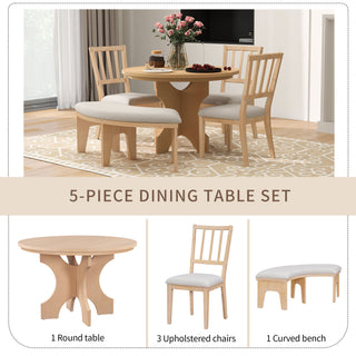 TREXM 5-piece Rustic Charm Round Dining Set with 3 Upholstered Chairs and Curved Bench for Dining Room, Kitchen and Living Room (Natural)