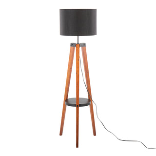 Compass Mid-Century Modern Floor Lamp with Shelf in Walnut Wood, Black Metal and Black Linen by LumiSource