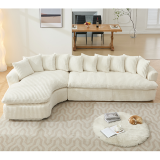 127" Large Curved Sectional Sofa – L-Shaped Left Couch, Beige Corduroy, 10 Back Cushions, No Assembly, Modern Living Room Sofa