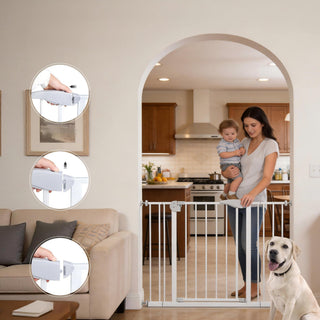 Double door baby safe gate for stairs & doorways,adjustable 75-115 cm(29.53''-45.3''),walk through safety gate with extension kits,auto close,pressure mounted,white metal child & pet gate