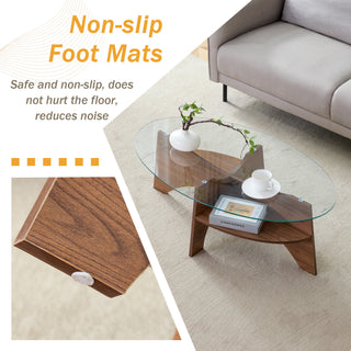 Oval Tempered Glass Coffee Table – 41.3” x 23.6” Walnut Wood Finish, Multi-Functional Table with Diagonal Fan-Shaped Tray Design