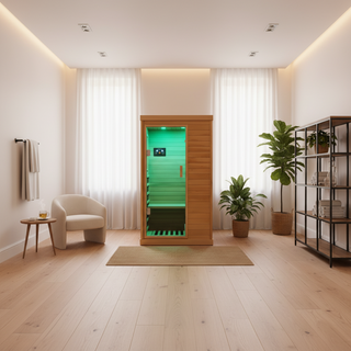 Infrared Sauna Room Single Room with Hemlock Wood Frame, Natural Finish, 6 Heating Plates, Built-in Lights and Bluetooth Audio