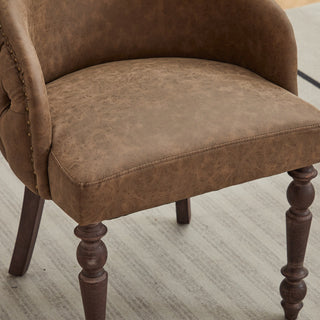 Hand-pulled buckle decoration PU Dining Chair,Accent Leisure Chair, Mid-Century Modern Arm Chair with Solid Wood Armrests and Legs, 1-Seat Cushioned Sofa for Living Room Bedroom,Brown color,SW1865BR