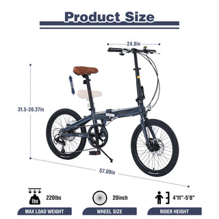 20' Folding City Bike, Lightweight Aluminum Frame, 7-Speed Folding Bike