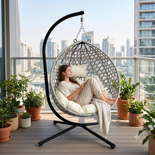 Foldable Hanging Egg Chair with Stand, HDPE Rattan Wicker Swing Chair with Cushion, Heavy Duty Frame 350 Lbs Capacity, Outdoor Patio Indoor Bedroom Balcony, Beige+Gray