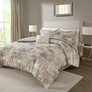 7 Piece Textured Cotton Blend Comforter Set Gray Queen