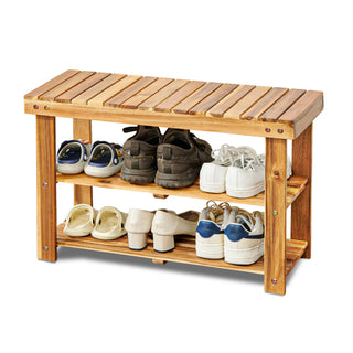 Acacia Wood Shoe Rack Bench, 2-Tier Natural Wooden Organizer for Entryway or Bathroom, Warm Grain Finish, 27.6'L x 11'W x 17.8'H