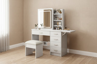Fashion White MDF Makeup Vanity Desk with Mirror and Lights - 5-Drawer Dressing Table with Adjustable LED Lighting
