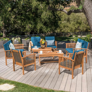 Outdoor Acacia Wood Sofa Set with Water Resistant Cushions, 8-Pcs Set, Brown Patina / Teal Blue
