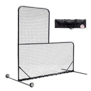 L-Shaped Baseball Net for Batting Cages – 84''H x 84''W with 42'' x 42'' Cutouts, Portable Pitching Net with Wheels and Carry Bag
