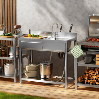 304 Stainless Steel Outdoor Utility Sink with Workbench & Storage Shelf, Freestanding Prep Table with Left Drawer, 39' Garden Patio Sink Station with 360° Hot & Cold Water Faucet