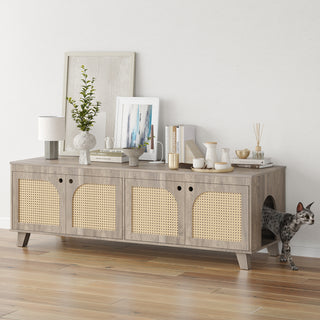Double Hidden Cat Litter Box Enclosure Furniture Cabinet with Rattan Decorated Doors for Two Cats, Two Entrances