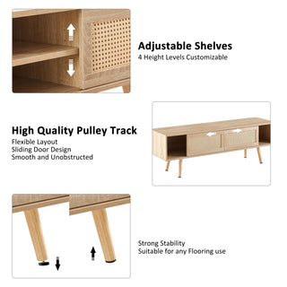 55.12" Rattan TV Cabinet with Double Sliding Doors, Adjustable Shelf & Solid Wood Legs – TV Console for Living Room, Natural