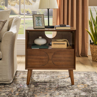 Mid-Century Modern Fluted Walnut Nightstand with USB Charging Station, Outlet Hole, Drawer & Open Shelf, Farmhouse End Table with Solid Wood Legs