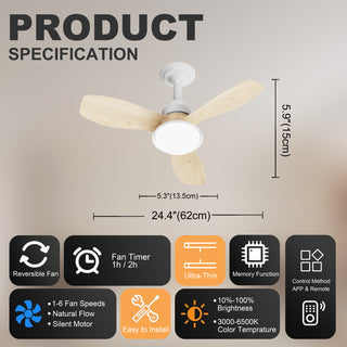 24.4 inch Wood Grain Ceiling Fan with Dimmable LED Light