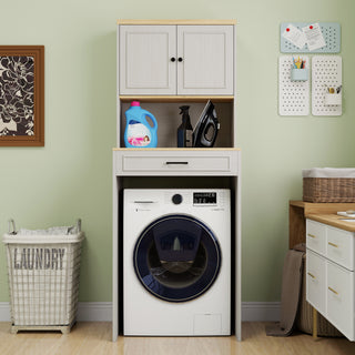 Over The Washer and Dryer Storage Cabinet | Laundry Room Organizer Shelf for Compact Washing Machines | Freestanding Space Saver with 1 Door, Adjustable Shelf & Faux Drawer Design (Antique White)