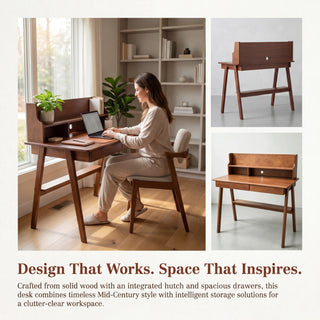 100% Solid Wood Desk Writing Computer Desk Mid Century Modern Home Office Table with Drawer for Bedroom