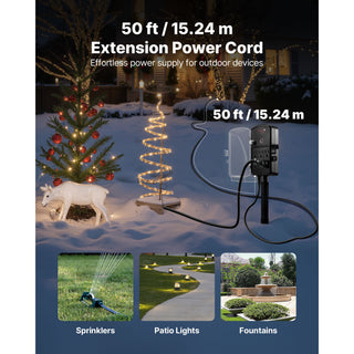 Outdoor Power Stake, 50FT Extension Cord, Outdoor Power Strip Weatherproof with Cover, Remote Control Dusk to Dawn Light Timer Waterproof, 6 Outlets, 1875W/15A, for Christmas Lights, Garden