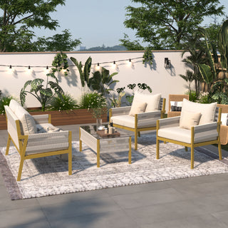 K&K 4-Piece Rope Patio Furniture Set - Outdoor Conversation Set with Tempered Glass Table, Deep Seating & Thick Cushions for Backyard, Porch, Balcony (Beige & Mustard Yellow)