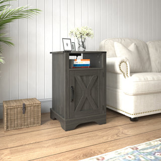 Farmhouse Dark Gray Nightstand with Charging Station - Rustic Wooden Side Table with Outlets