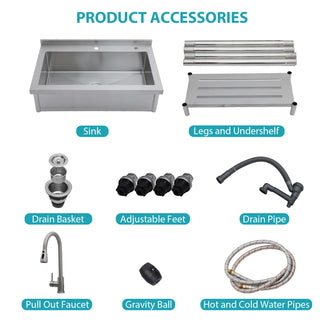 Stainless Steel Freestanding Utility Sink with Pull-Out Faucet, Large Single Bowl, Brushed Nickel, 21'D x 36'W x 35.5'H