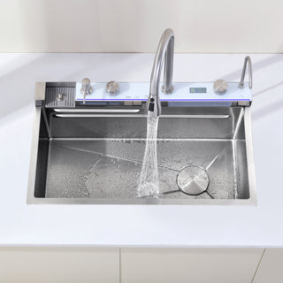 Dark Gray 304 Stainless Steel Sink with Pull-Out Faucet | Whale Waterfall Single Bowl Kitchen Sink